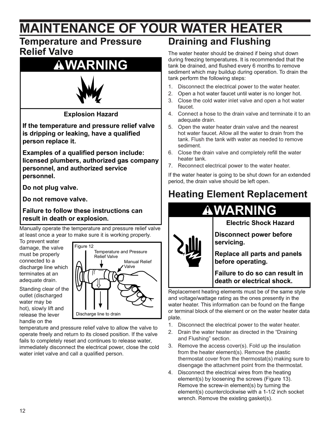 Whirlpool 6510413, E2F50HD045V, 140403 Maintenance of Your Water Heater, Draining and Flushing, Heating Element Replacement 