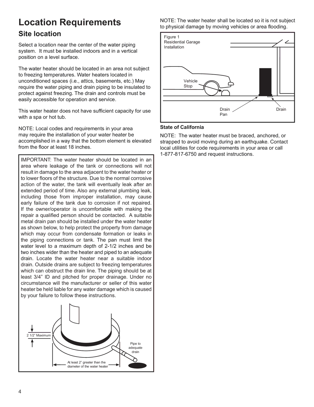 Whirlpool E1F50RD045V, E2F50HD045V, E2F65HD045V, E1F20US015V 120V, E2F40HD045V, W10123243 Location Requirements, Site location 