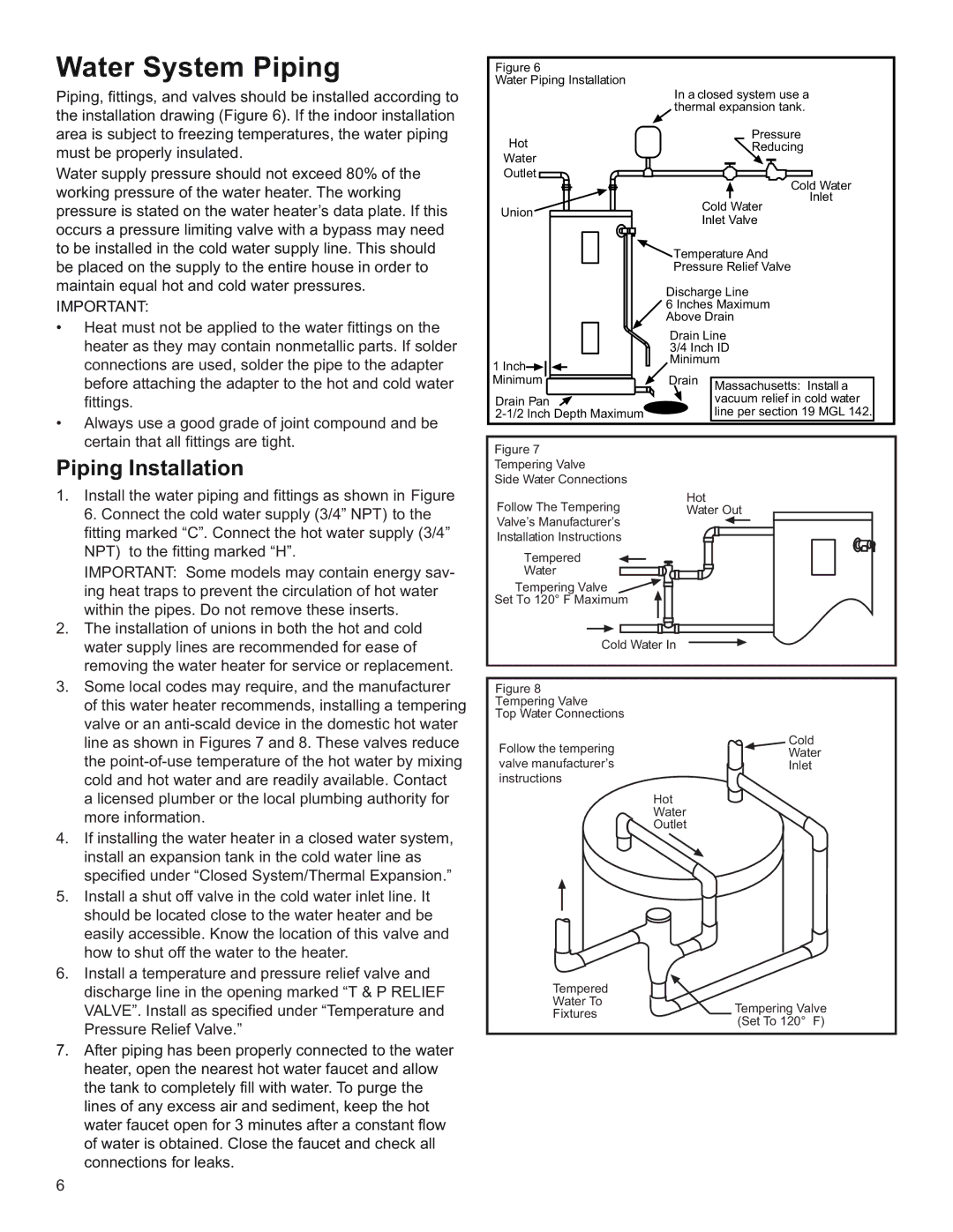 Whirlpool E2F40RD045V, E2F50HD045V, E2F65HD045V, E1F20US015V 120V, E2F40HD045V Water System Piping, Piping Installation 