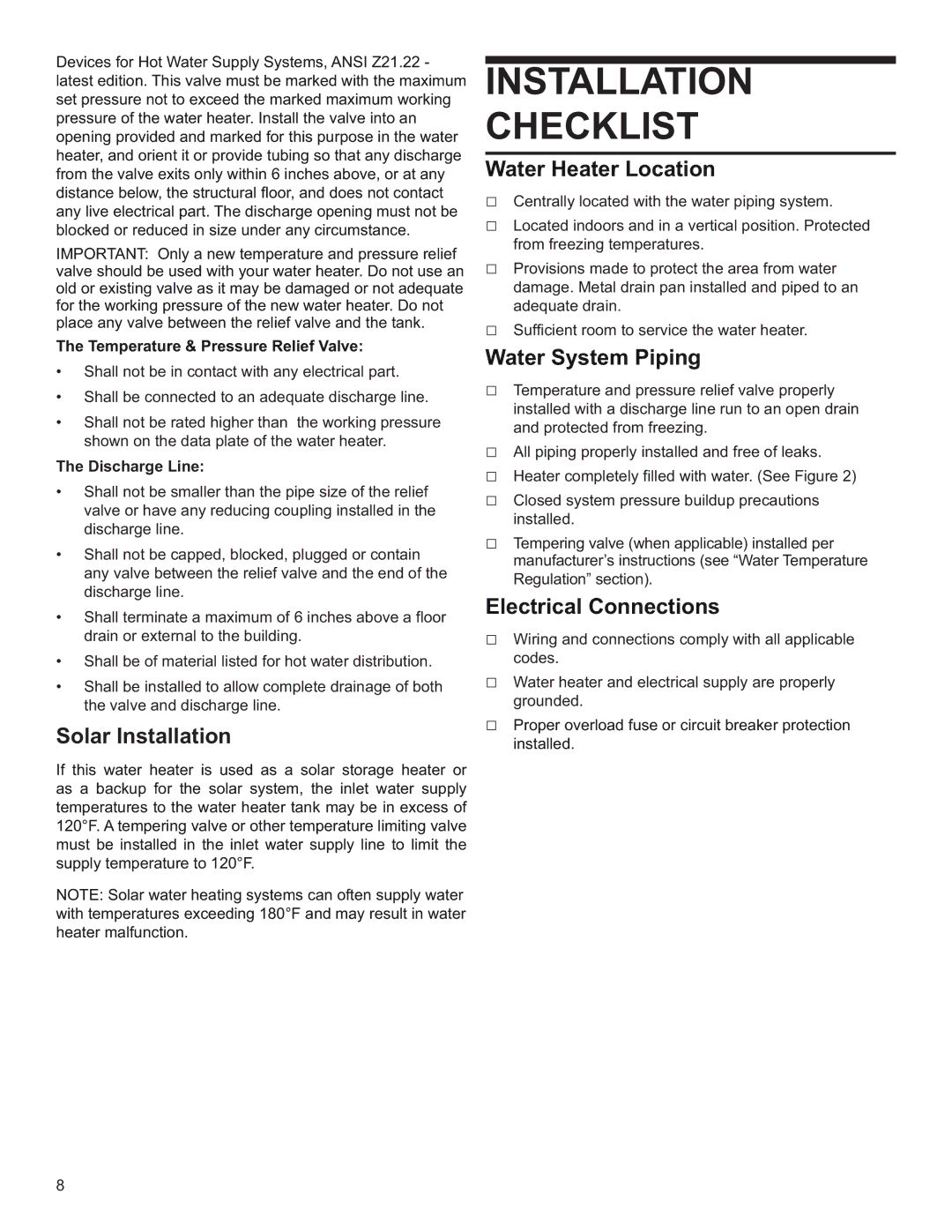 Whirlpool E2F30LD035V, 6510413 Installation Checklist, Water Heater Location, Water System Piping, Electrical Connections 