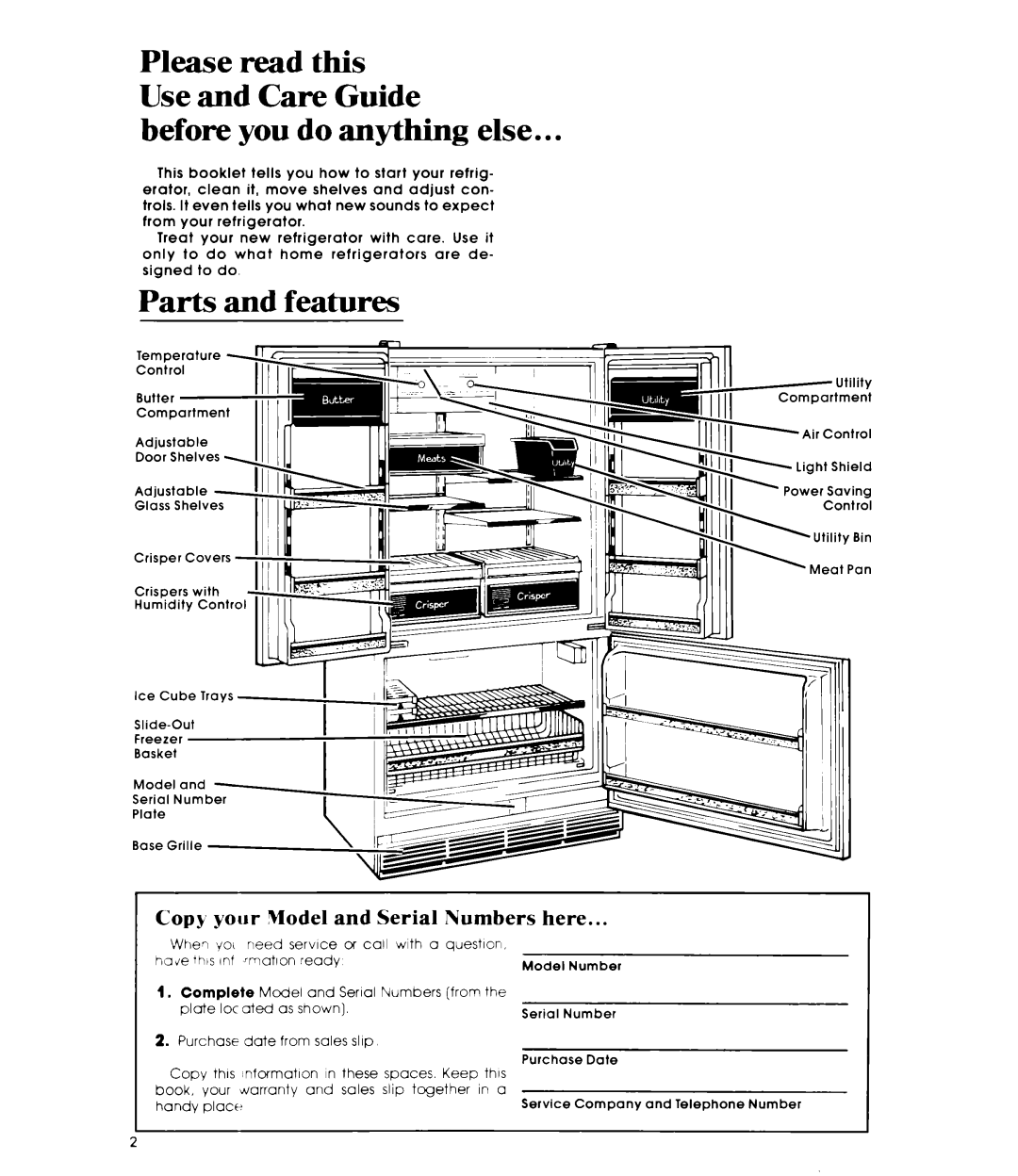 Whirlpool EB19MK manual Before you do anything else, Parts and features, Copy your Model and Serial Numbers here 