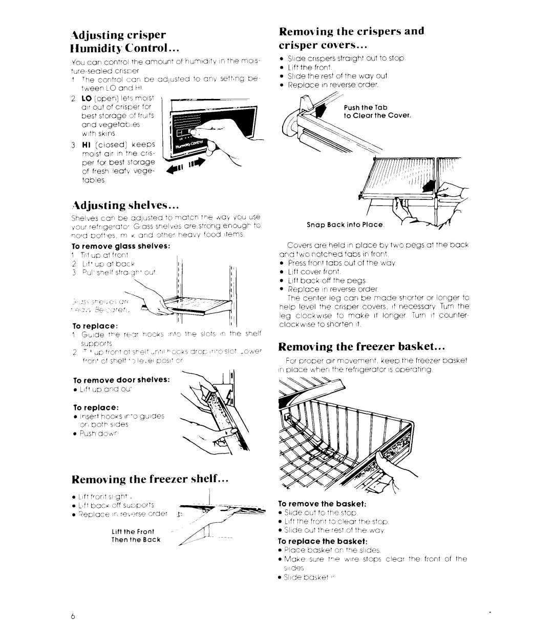 Whirlpool EB19MK manual Adjusting crisper Humidity Control, Removing the crispers and crisper covers, Adjusting shelves 