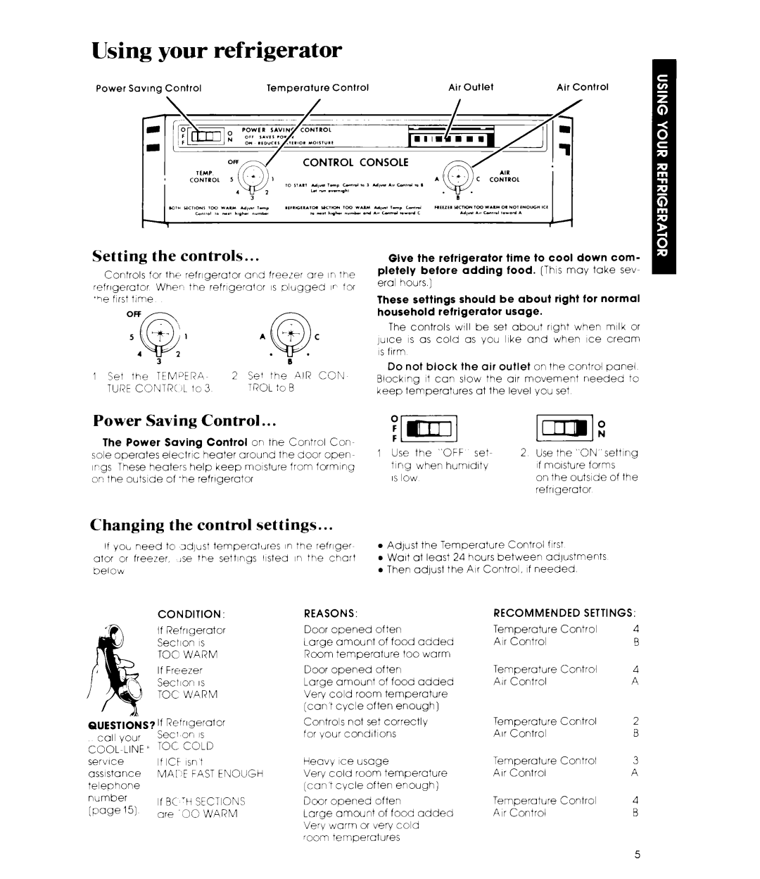 Whirlpool EB19MK manual Using your refrigerator, Setting the controls, Power Saving Control, Changing the control settings 