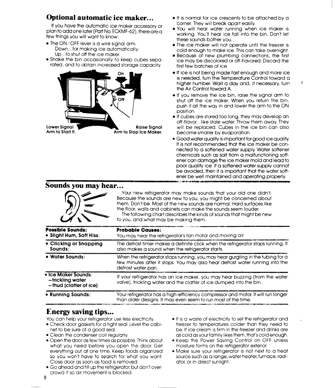 Whirlpool EB19ZK Optional automatic ice maker, Sounds you may hear, Energy saving tips, Possible Sounds, Probable Causes 