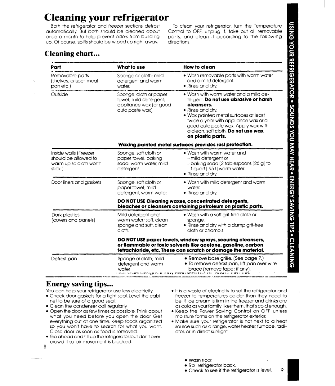 Whirlpool EB19ZK manual Cleaning your refrigerator, Cleaning chart 