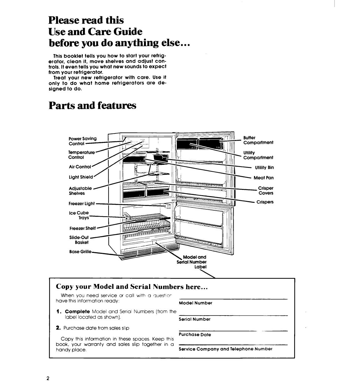 Whirlpool EB19ZK manual before you do anything else, Parts and features, Please read this Use and Care Guide 