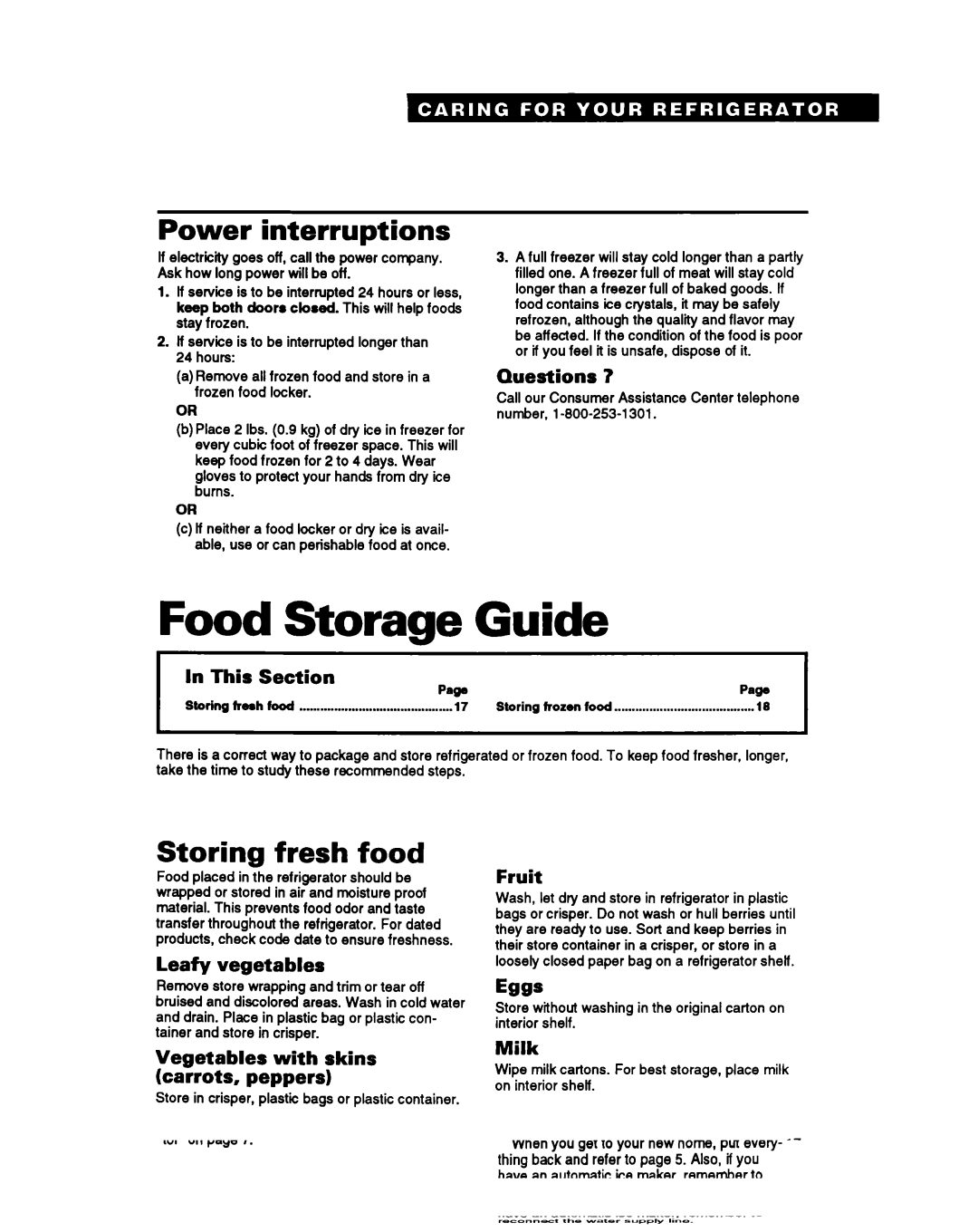 Whirlpool EB21DK warranty Food Storage Guide, Power interruptions, Storing fresh food 