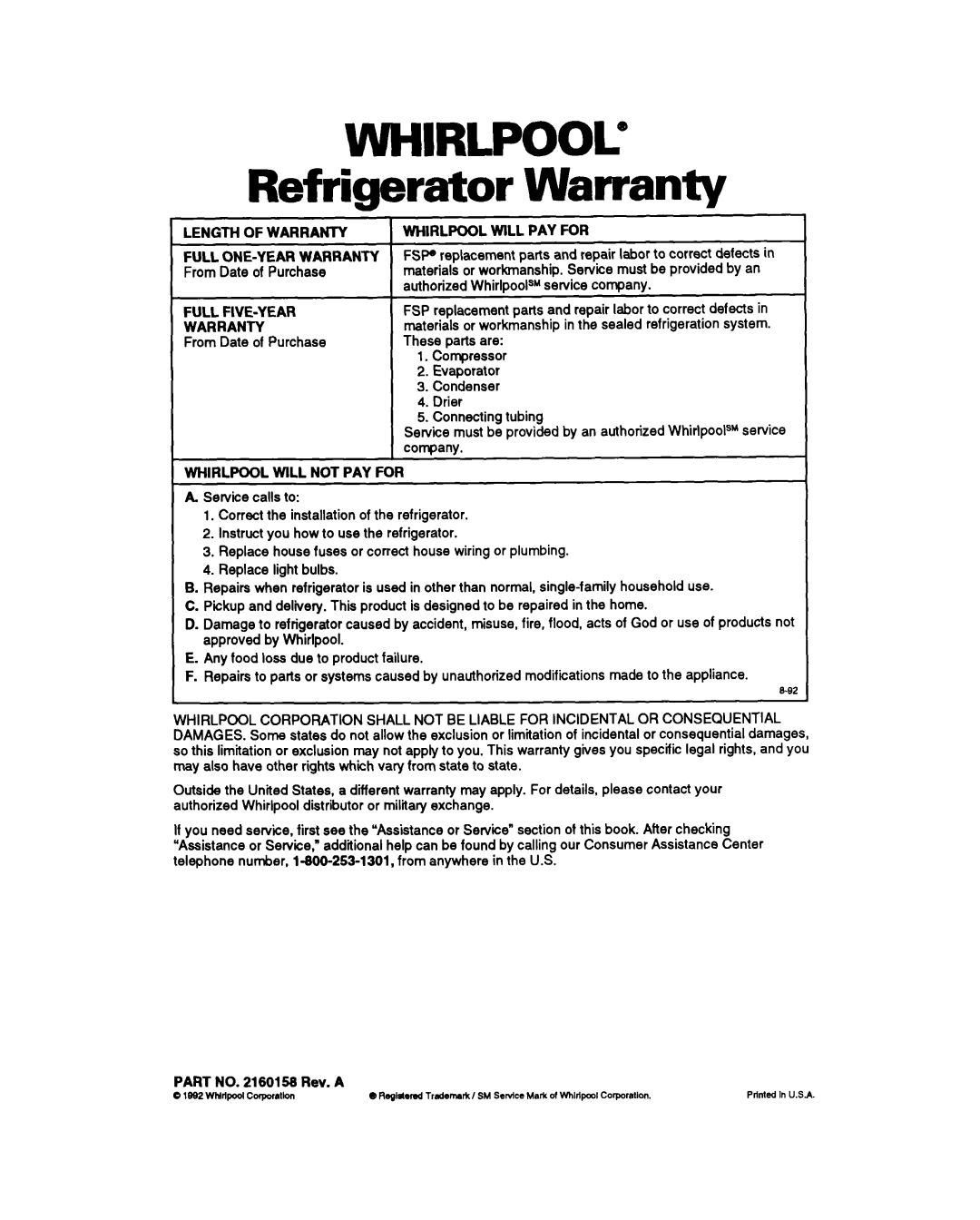 Whirlpool EB21DK warranty Refrigerator Warranty, Length of Warranty, Full FIVE-YEAR Warranty 