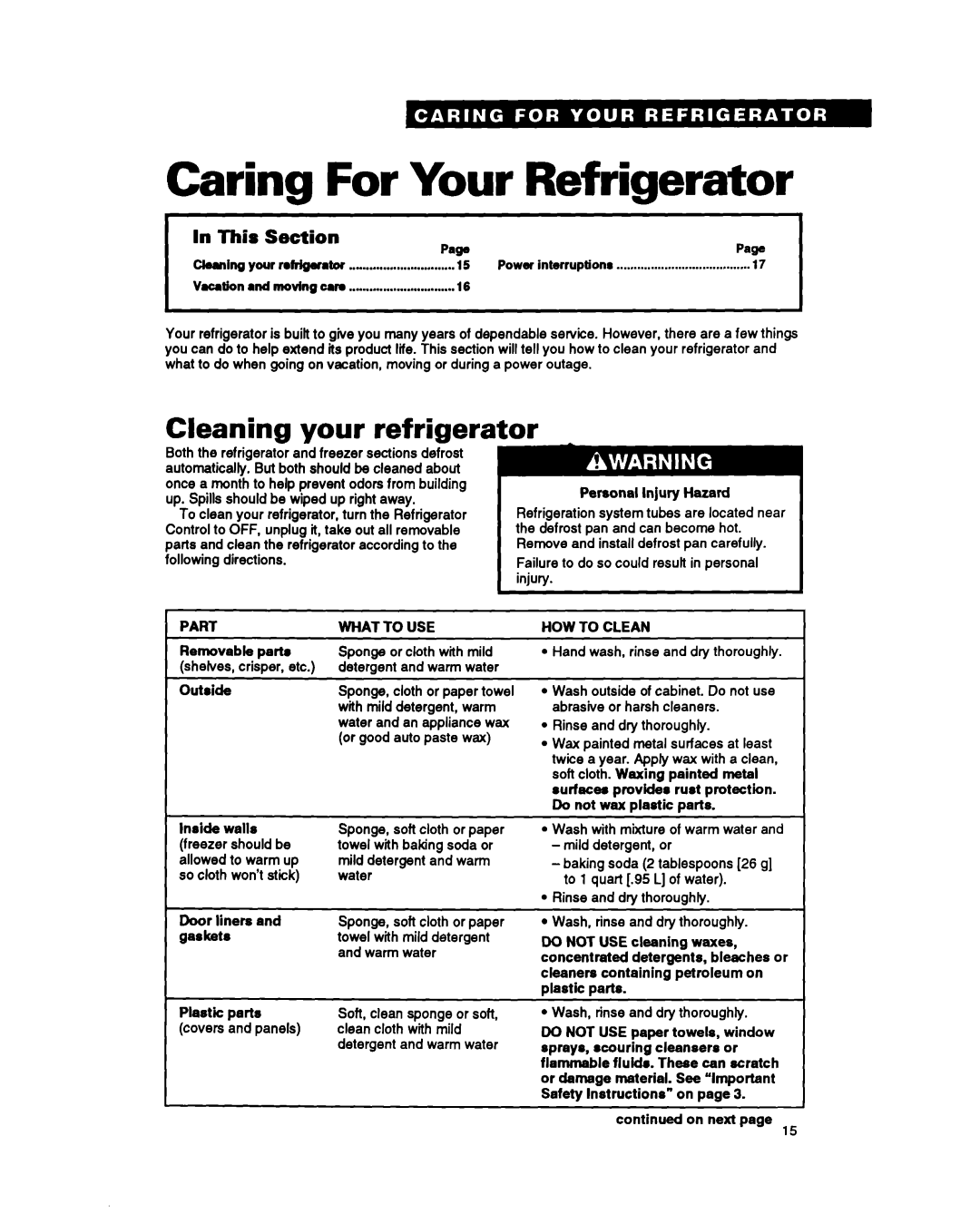 Whirlpool EB21DK warranty Caring For Your Refrigerator, your, Section, refrigerator, Cleaning, In This 
