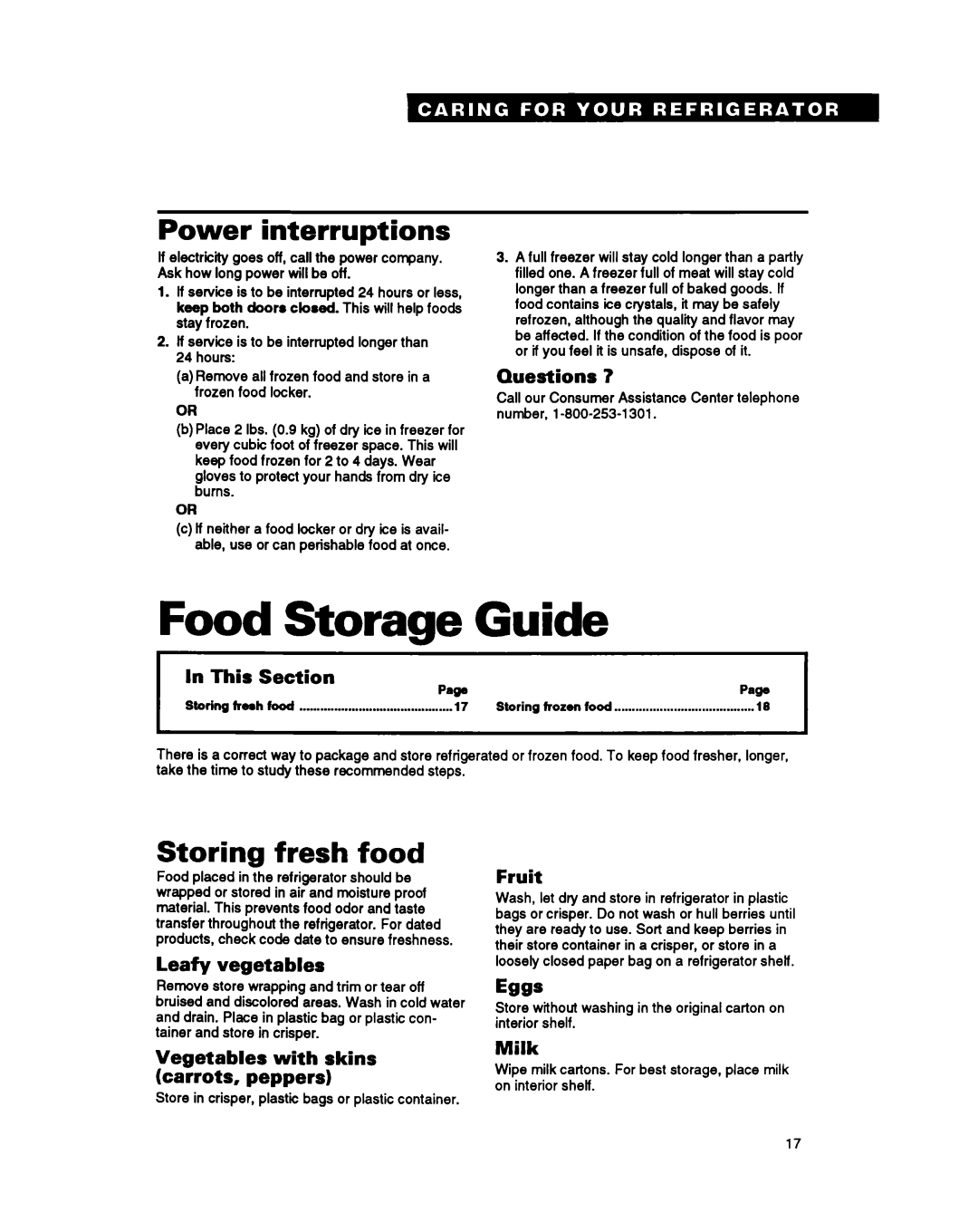 Whirlpool EB21DK Food Storage Guide, Power interruptions, Storing fresh food, Questions ‘1, Leafy vegetables, Fruit, Milk 