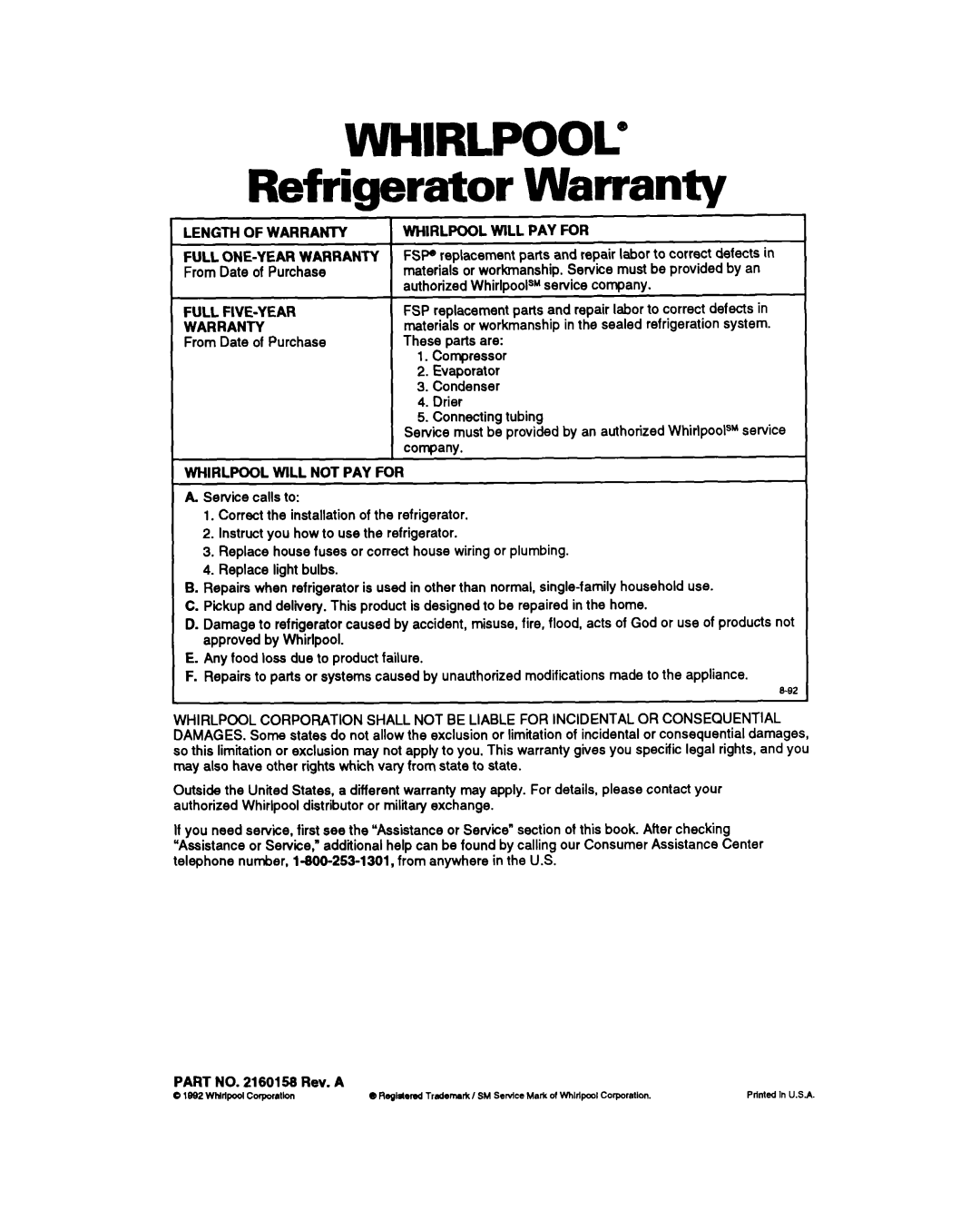 Whirlpool EB21DK warranty WHIRLPOOL@ Refrigerator Warranty 