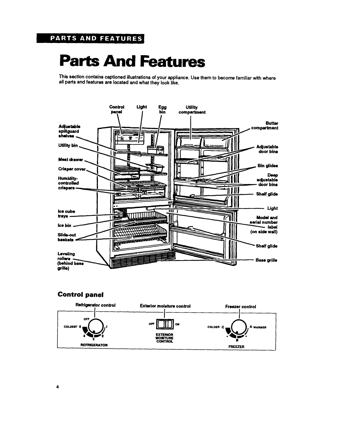 Whirlpool EB21DK warranty Parts And Features, panel, Control, Rebigewator control, Freezer control 