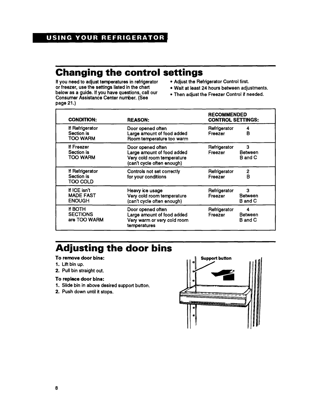 Whirlpool EB21DK warranty Changing the control, settings, Adjusting the door bins 