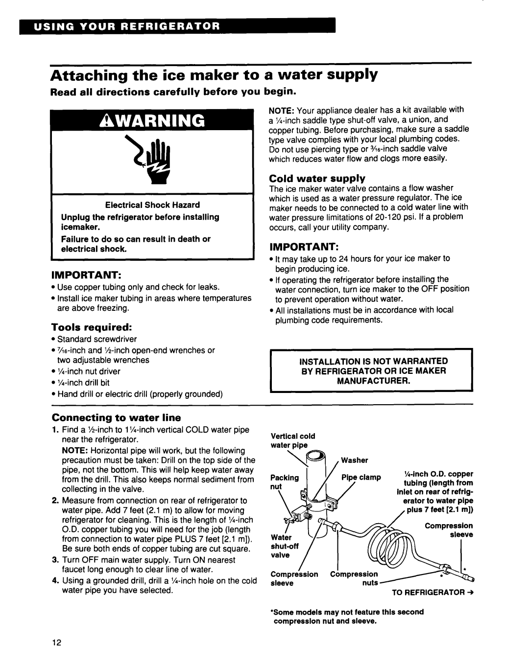 Whirlpool EB21DKXDB01 warranty Attaching the ice maker to, Water supply 