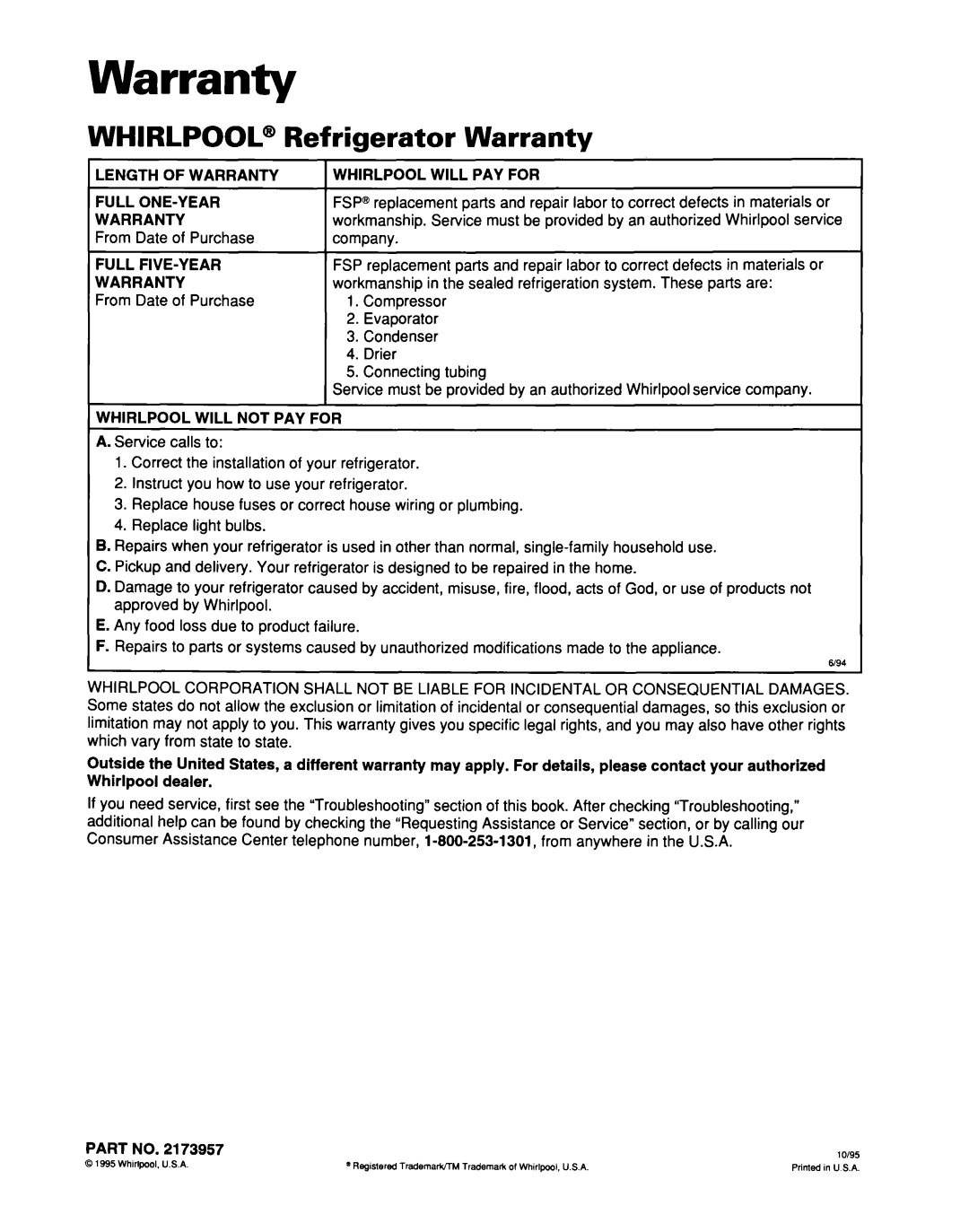 Whirlpool EB21DKXDB01 warranty Refrigerator Warranty, From Date of Purchase 