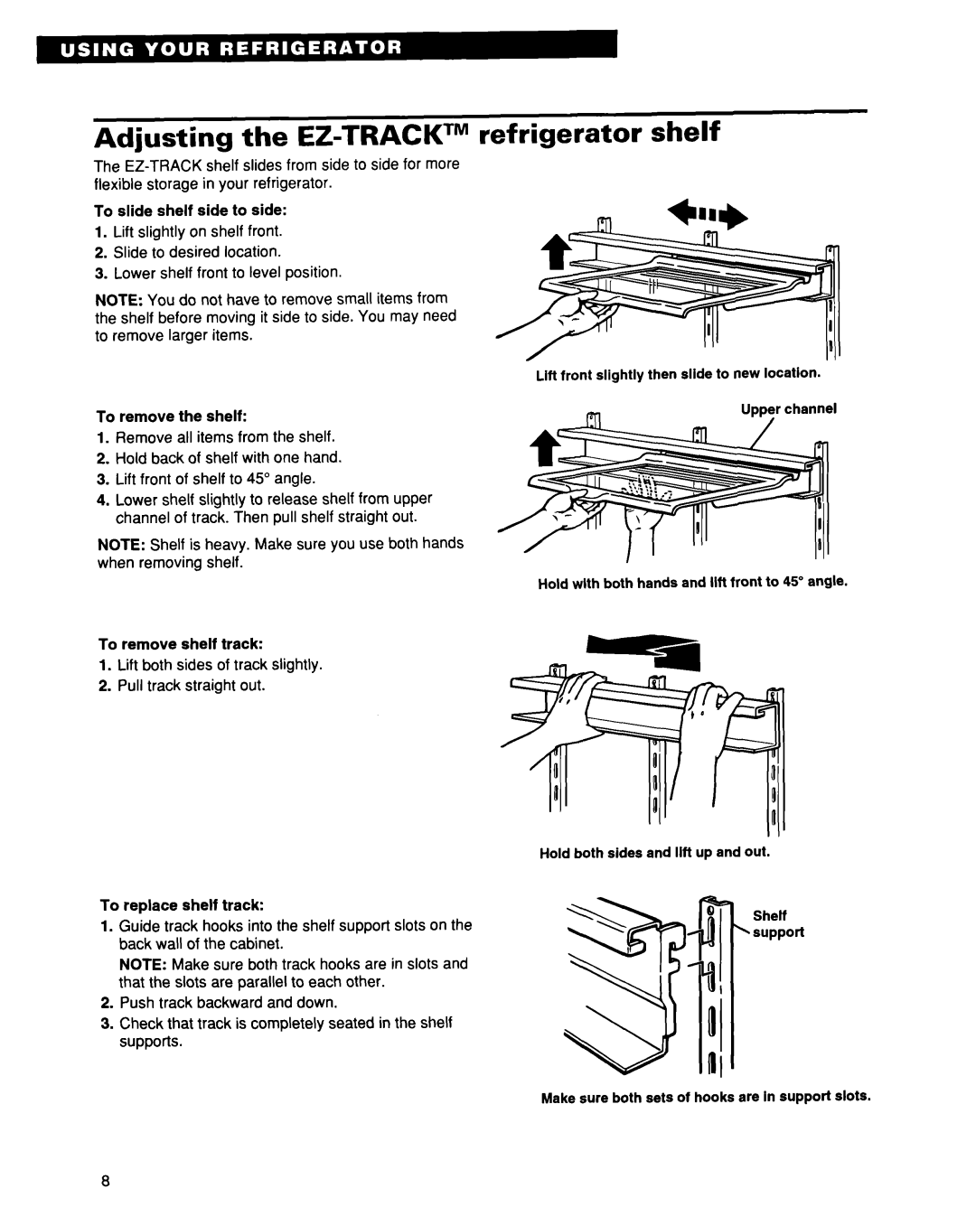 Whirlpool EB21DKXDB01 warranty Adjusting the EZ-TRACKTM refrigerator shelf 