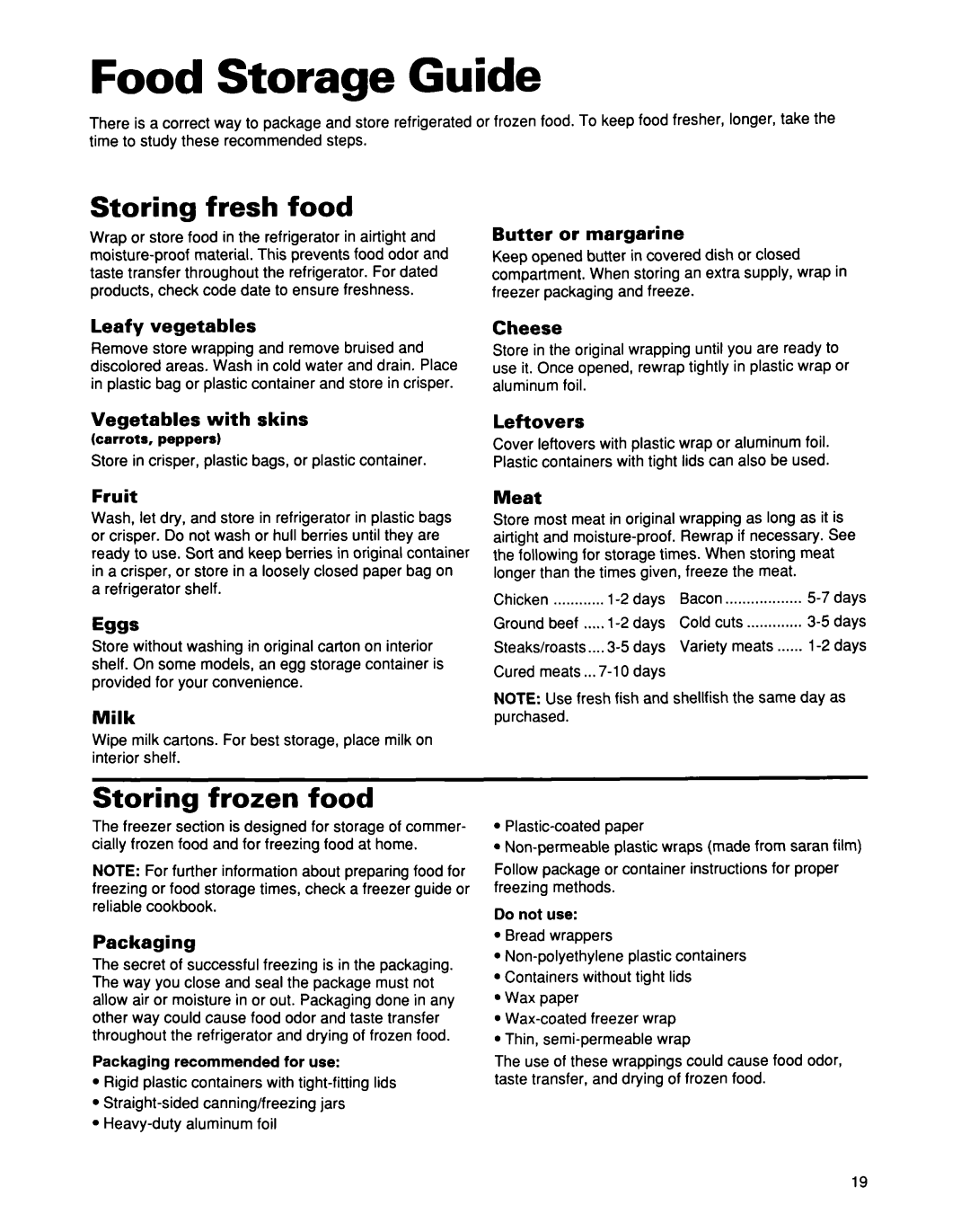 Whirlpool EB21DKXDB01 warranty Food Storage Guide, Storing fresh food, Storing frozen food 