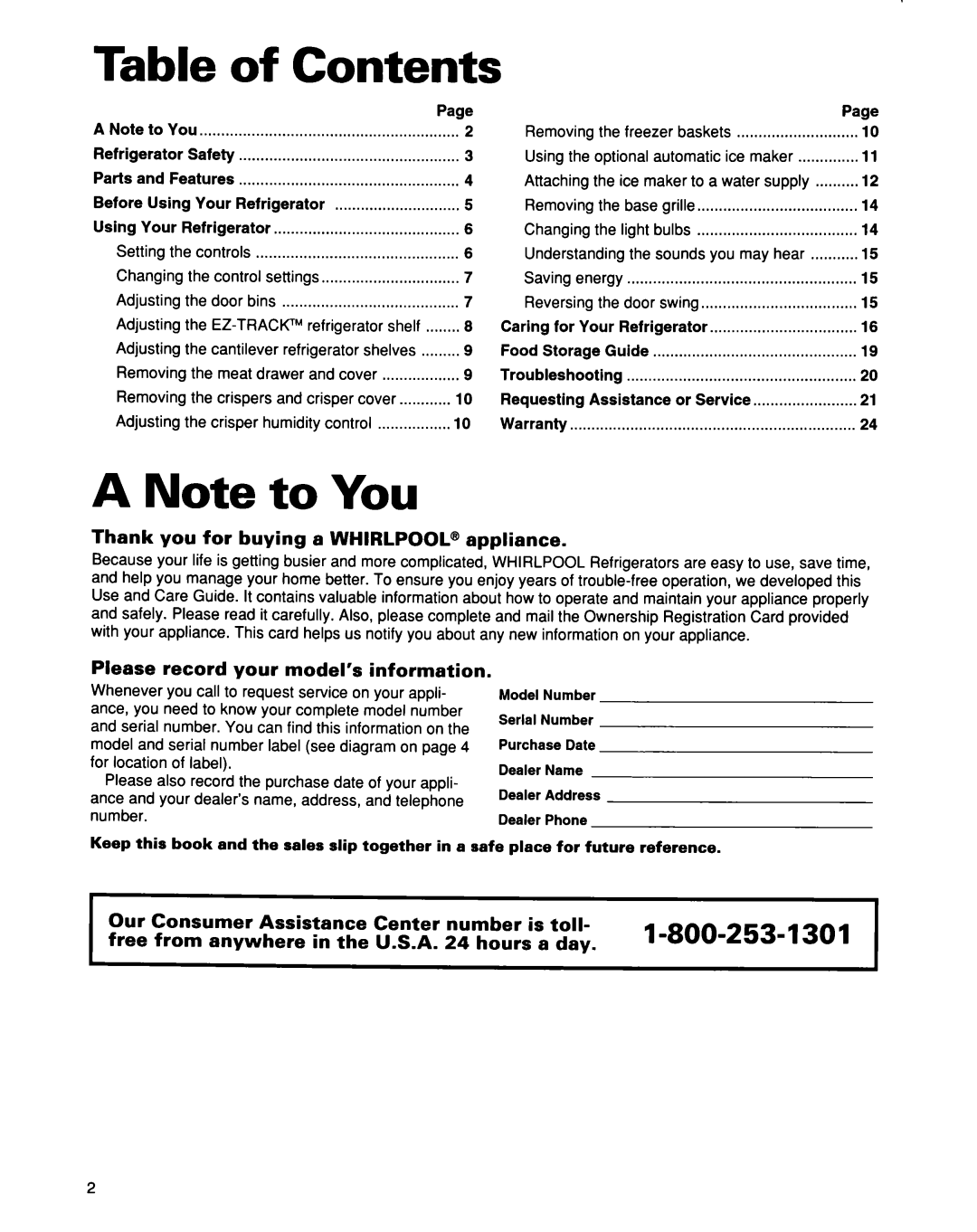 Whirlpool EB21DKXDB01 warranty Table, A Note to You, 1-800-253-1301, Contents 