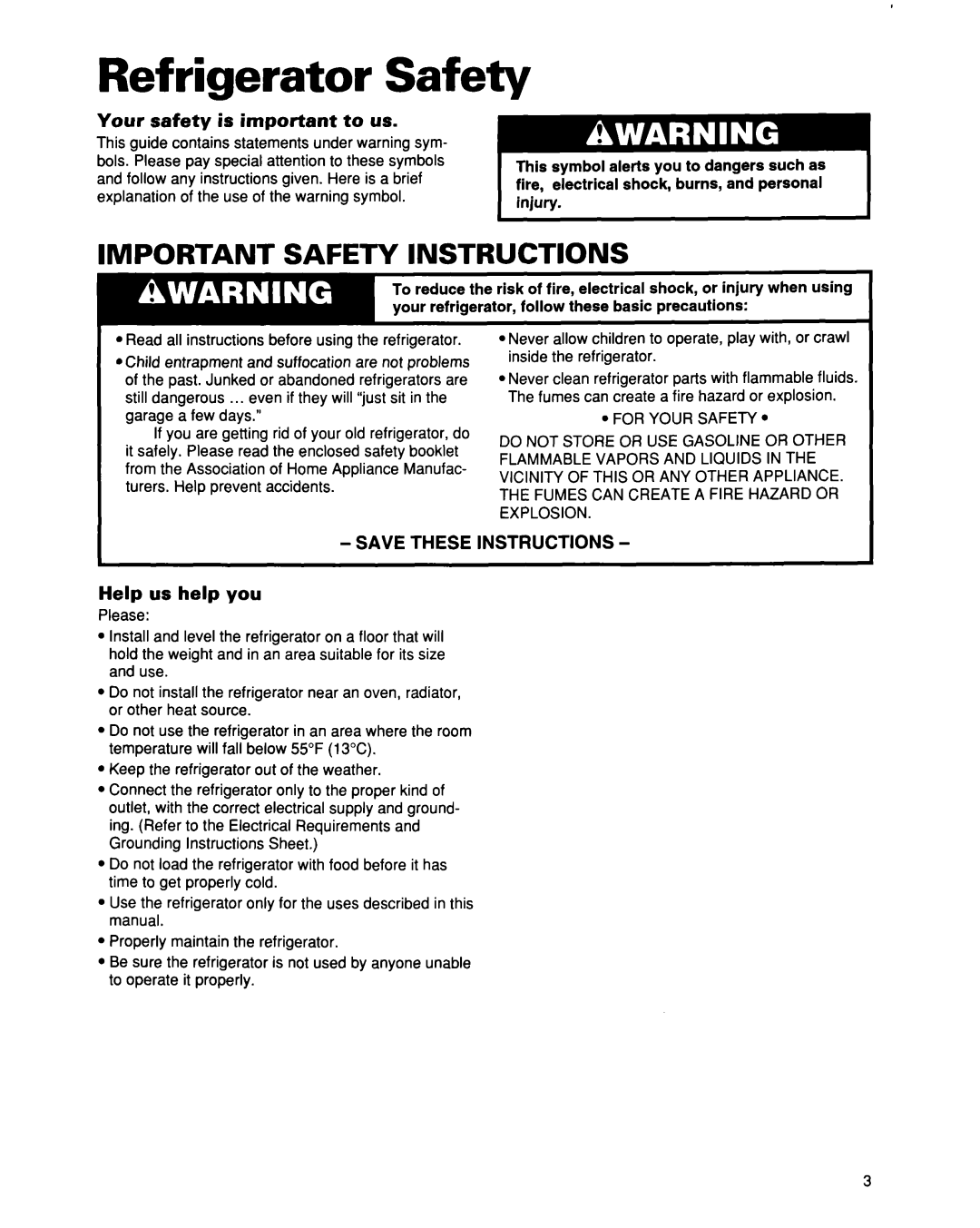 Whirlpool EB21DKXDB01 warranty Refrigerator Safety, Important Safety Instructions 