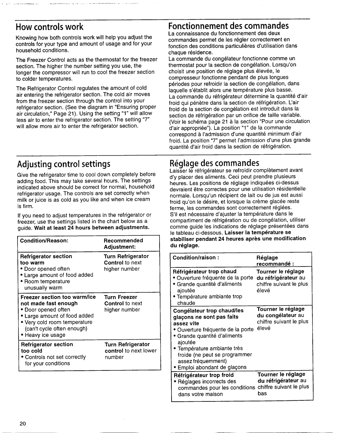 Whirlpool EB22DKXFB00 How controls work, Fonctionnement des commandes, Adjusting control settings, Rkglage des commandes 