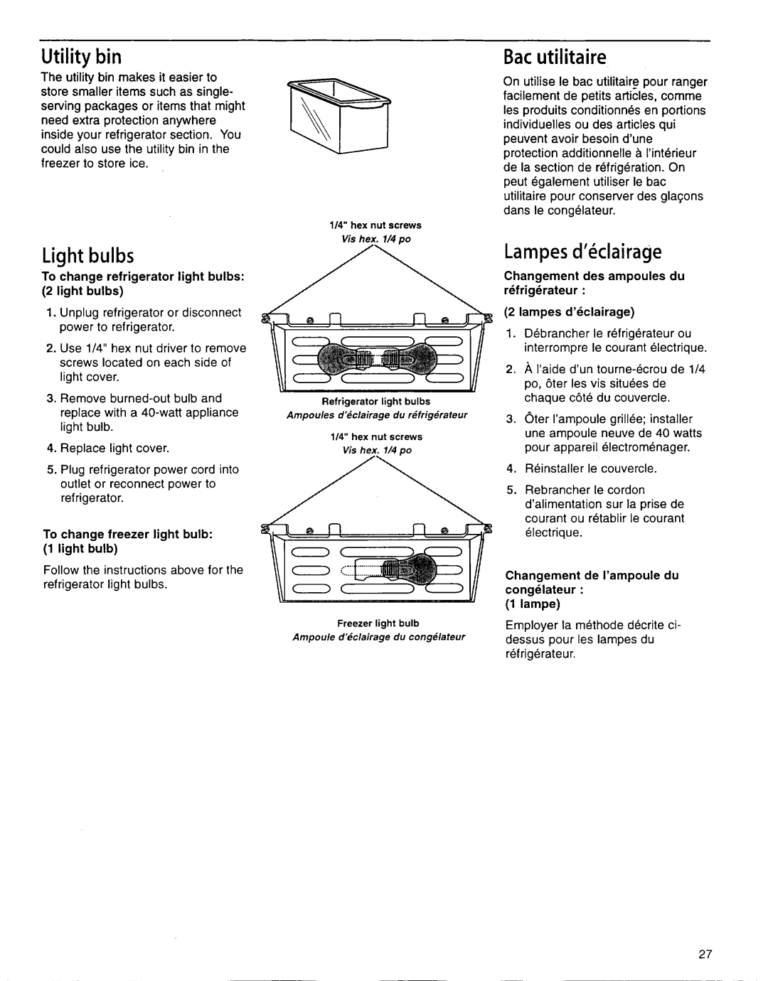 Whirlpool EB22DKXFB00 manual Utility bin, Ight bu Ibs, Bat utilitaire, Lampes dklairage 