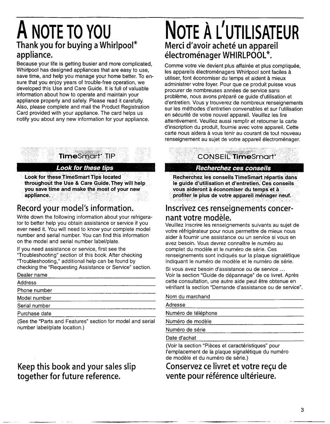 Whirlpool EB22DKXFB00 Thank you for buying a Whirlpool* appliance, ‘ij@nc@,~,~’‘1. ,‘I.‘,’ Record your model’s information 