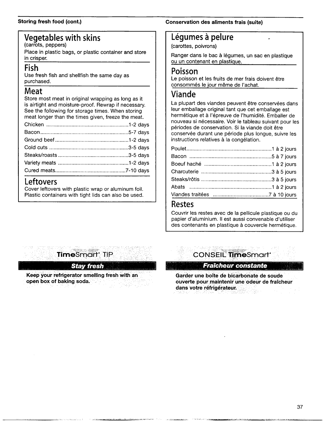 Whirlpool EB22DKXFB00 manual Vegetables with skins, Fish, Meat, Leftovers, Lkgumes 21pelure, Poisson, Viande, Restes 