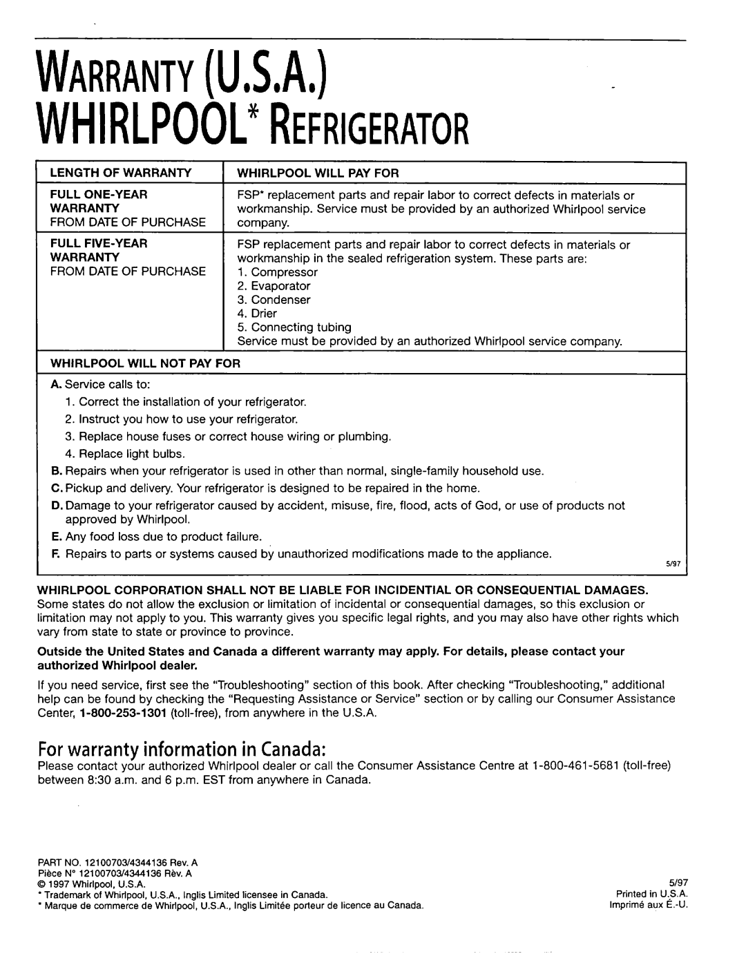 Whirlpool EB22DKXFB00 manual WARRANTYl&A, For warranty information in Canada 