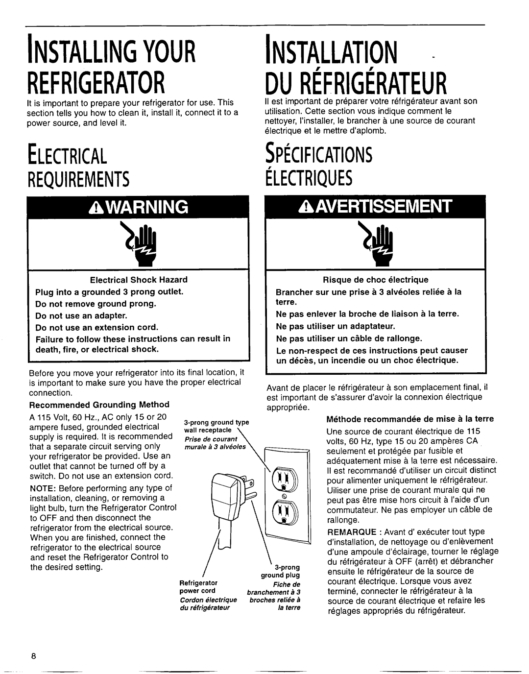 Whirlpool EB22DKXFB00 manual INSTALL~NGY~~RINSTALLATION- Refrigerator DURfFRlGtRATEUR, Requirements 