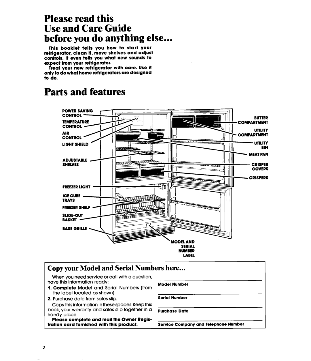 Whirlpool EBI9MK manual Before you do anything else, Parts and features, Copy your Model and Serial Numbers here 