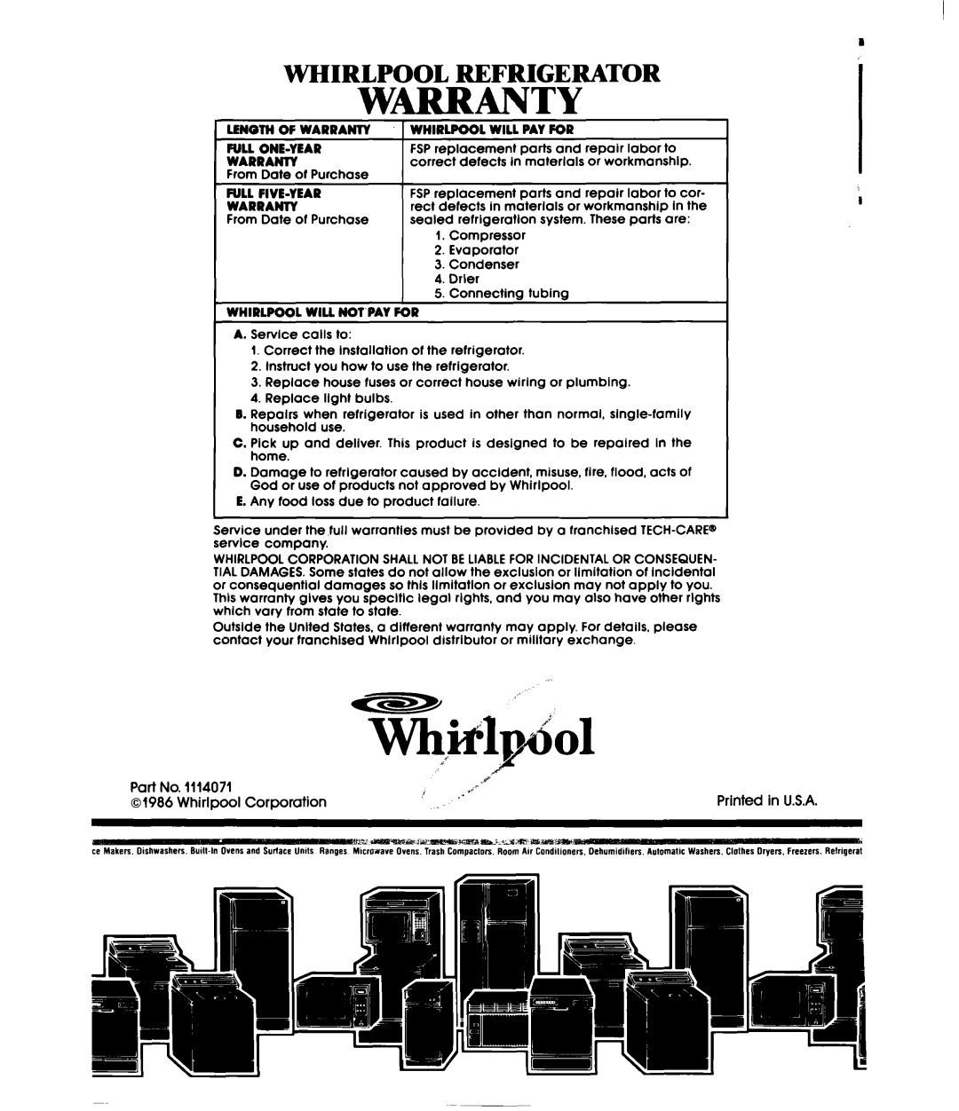 Whirlpool EBI9MK manual WmANTY, Whirlpool, Refrigerator 