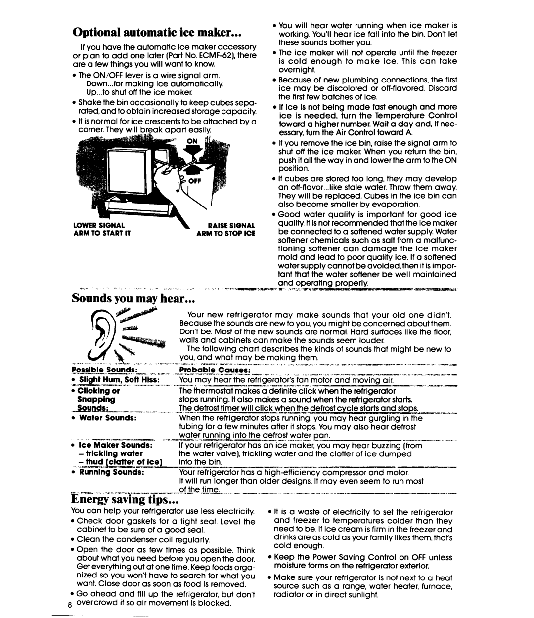Whirlpool EBI9MK manual Optional automatic ice maker, Energy saving tips, ~-----*Pi, n--r, v--v. .I.-M, I-~li, u c 