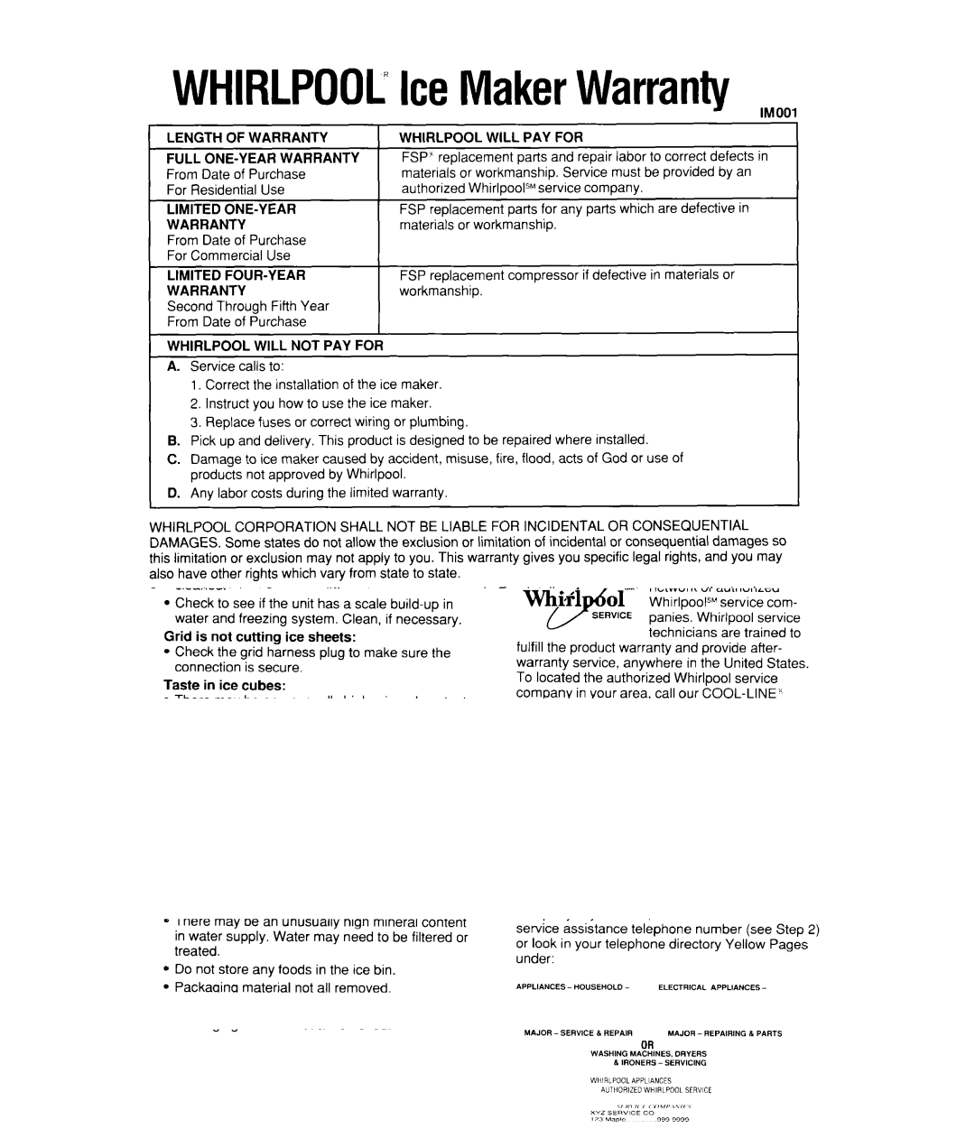 Whirlpool EC510 manual WHIRLPOOLIceMakerWarranty, Whirlpool will PAY for 