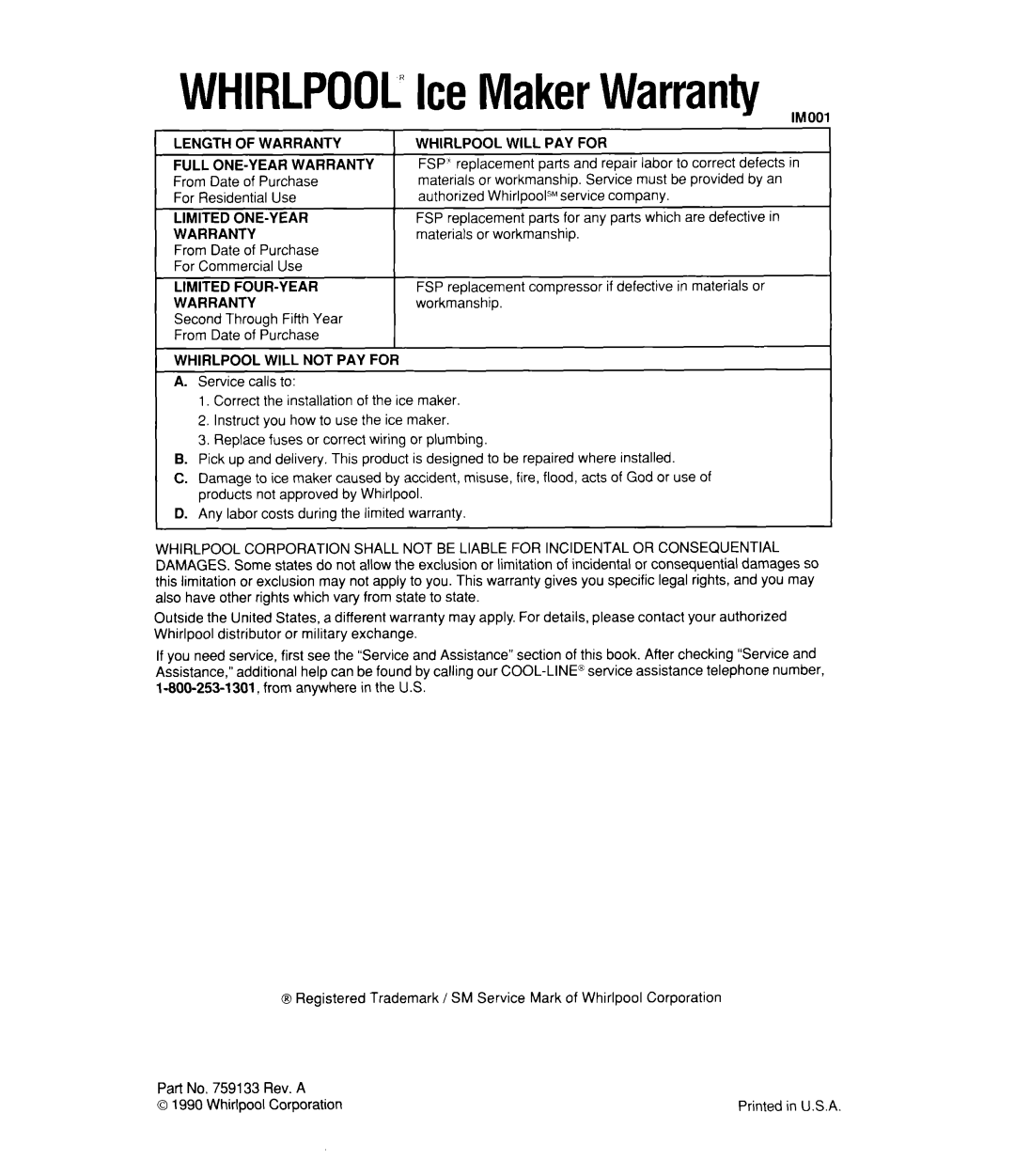 Whirlpool EC510 manual WHIRLPOOL”IceMakerWarranty 