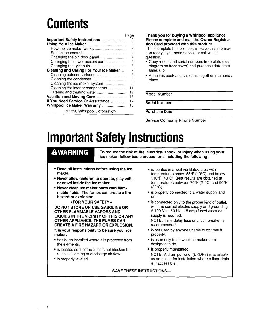 Whirlpool EC510 manual Contents, ImportantSafetyInstructions 