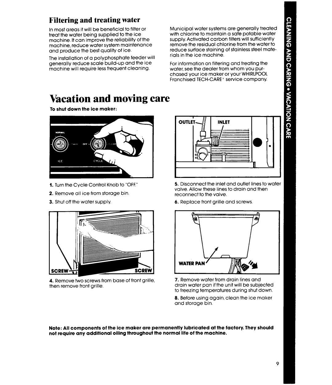 Whirlpool EC5100 manual Vacation and moving care, Filtering and treating water, OUT1.ET\III 1 Inlet 