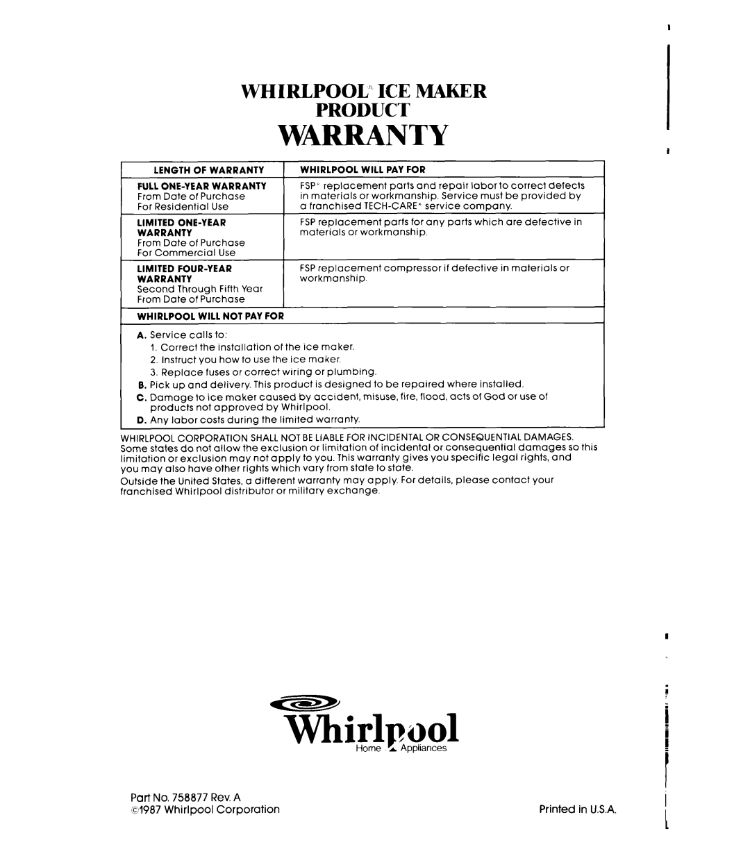 Whirlpool EC5100 manual Whirlpool”, TKirlpuol, Warranty, Ice Maker, Product 