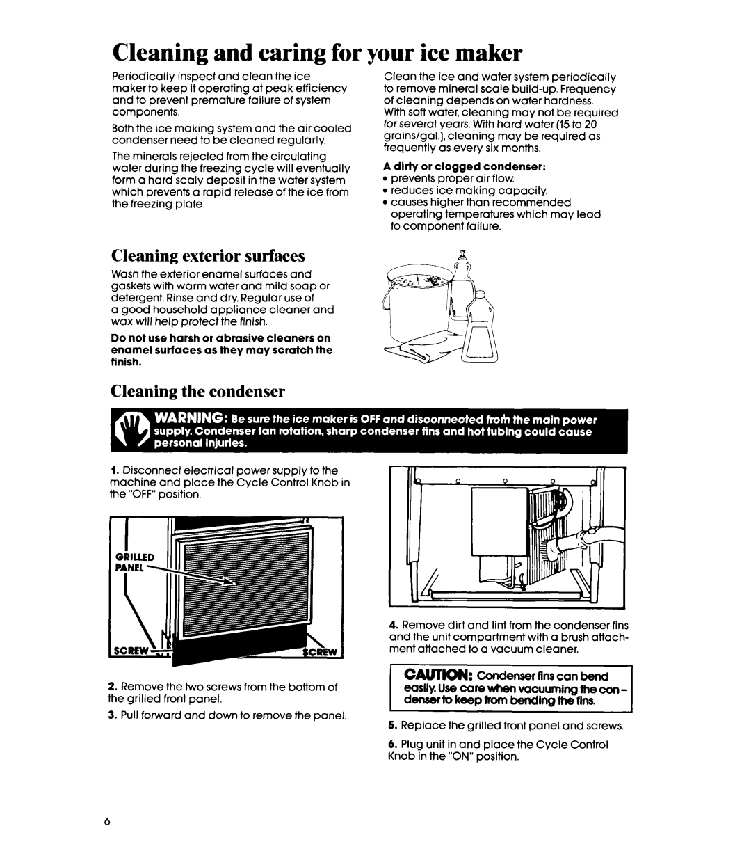 Whirlpool EC5100 manual Cleaning and caring for your ice maker, Cleaning exterior surfaces, Cleaning the condenser 