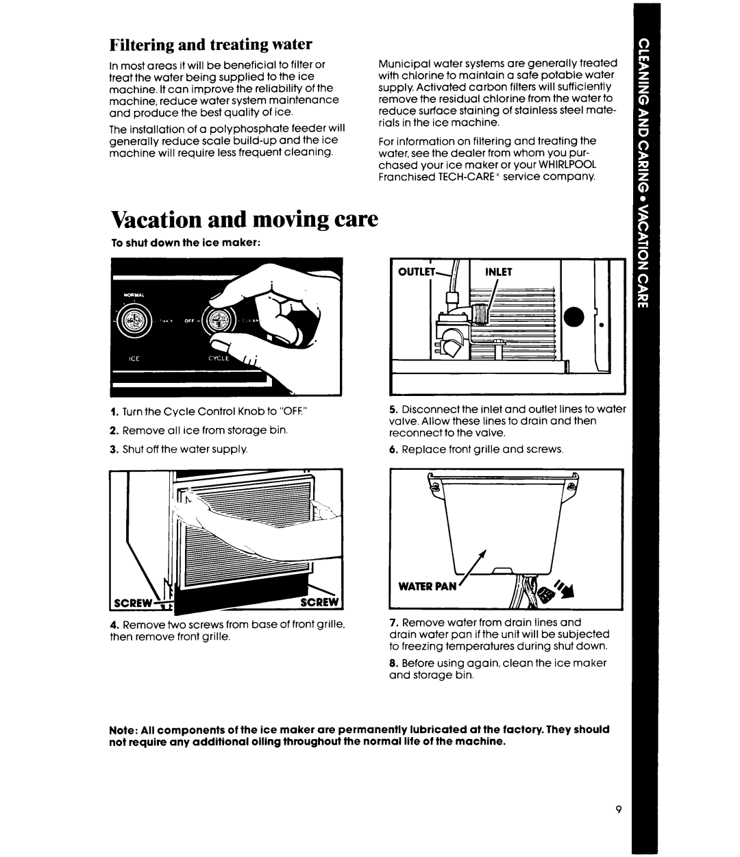 Whirlpool EC5100 manual Vacation and moving care, Filtering and treating water 