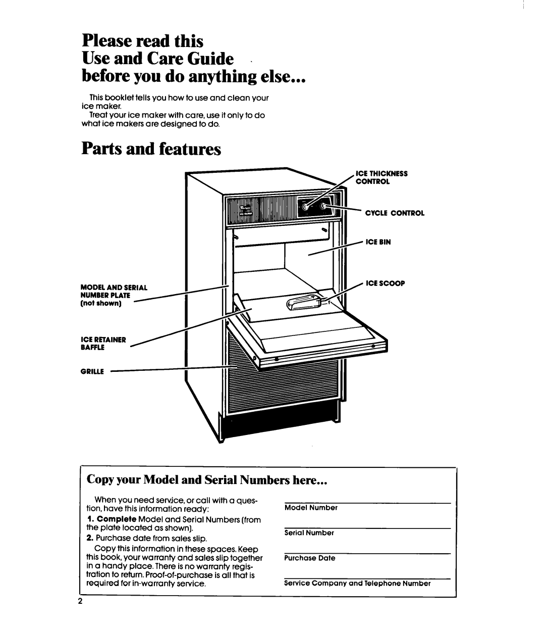 Whirlpool EC5100XP manual Please read this, Parts and features 