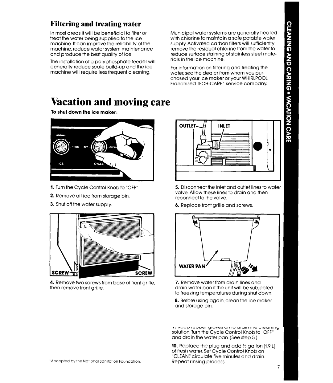 Whirlpool EC5100XP manual Vacation and moving care, Filtering and treating water 