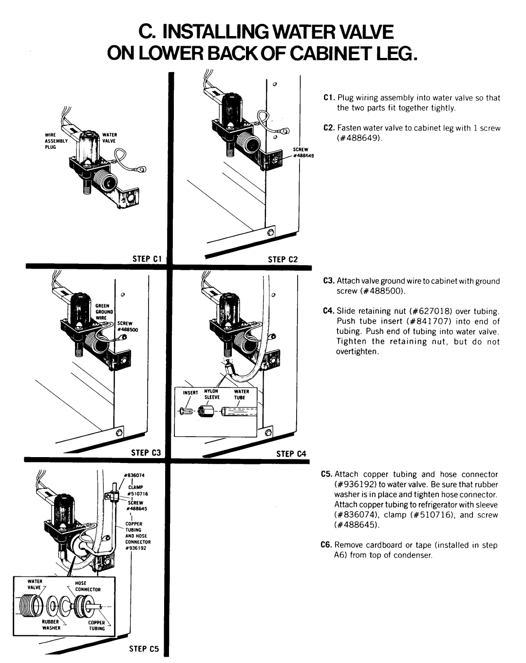 Whirlpool ECKMF-28 manual Installing Water Valve on Lower Backof Cabinet LEG, STEPC5 