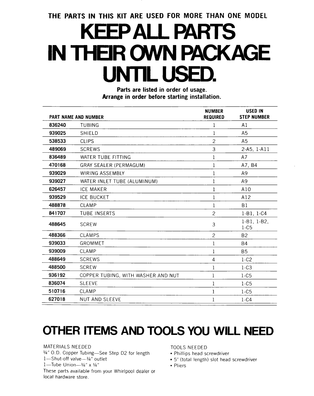 Whirlpool ECKMF-28 manual Other Items And Tools You Will Need, Keepall Parts In Theirwvn Package Until Used 