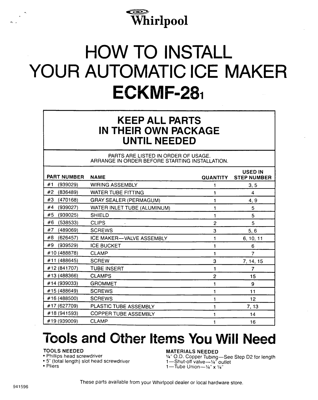 Whirlpool ECKMF-281 manual Keep ALL Parts Their OWN Package Until Needed 