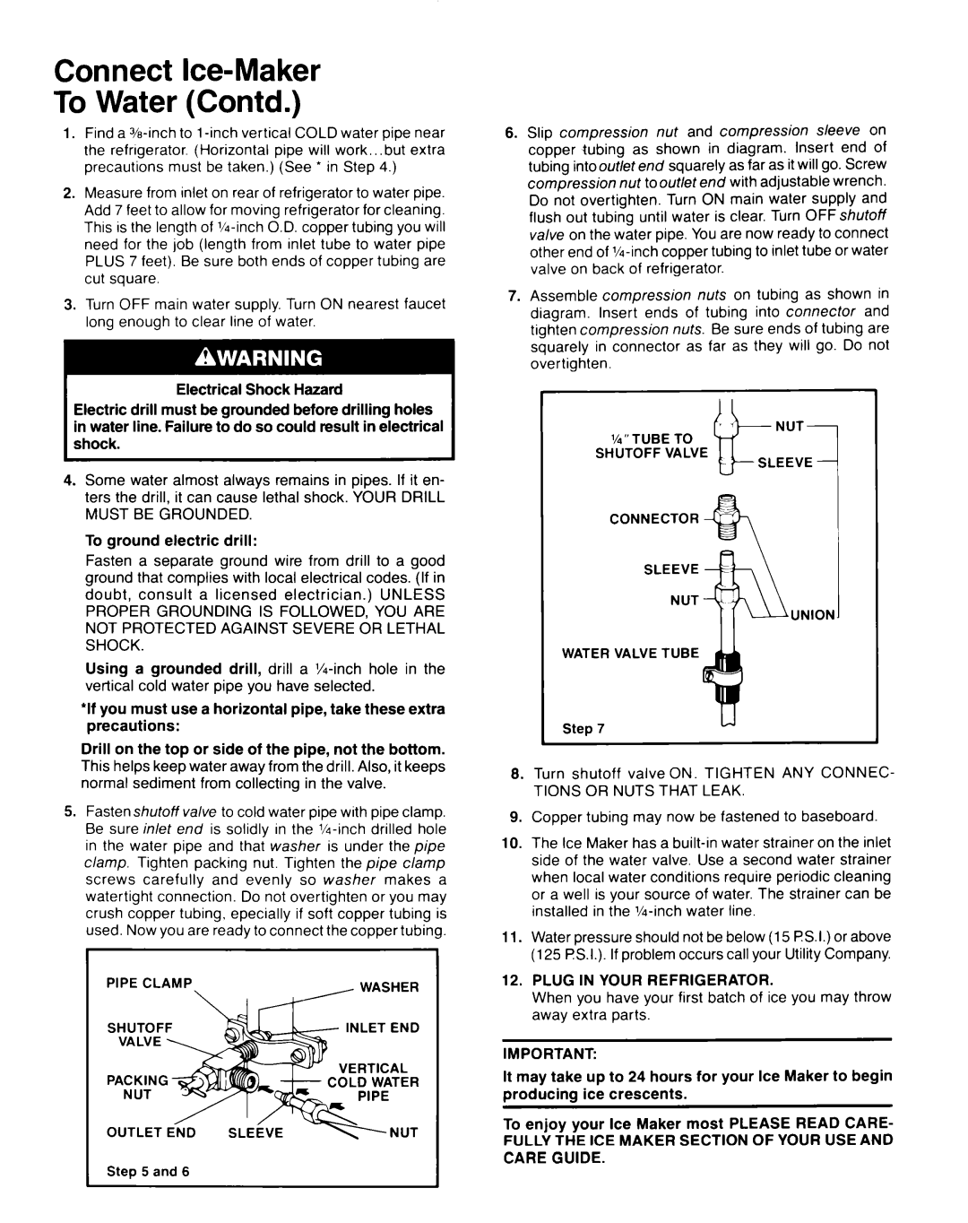 Whirlpool ECKMF-284 manual Connect Ice-Maker To Water Contd, Tions or Nuts That Leak 