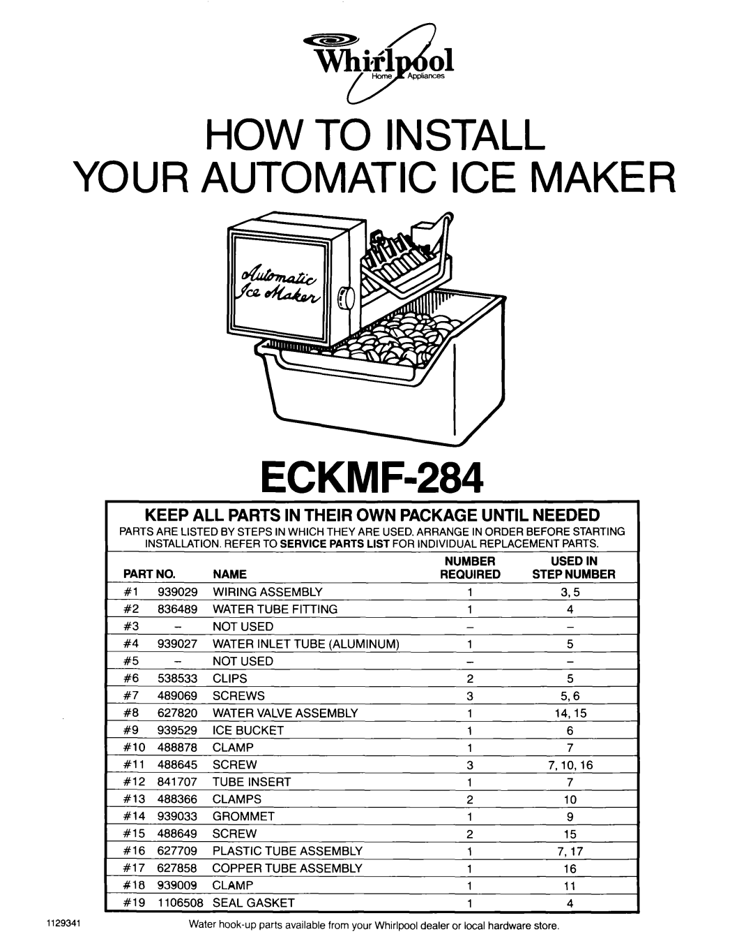Whirlpool ECKMF-284 manual Keep All Parts In Their Own Package Until Needed 