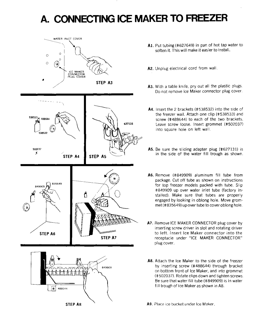 Whirlpool ECKMF-6 manual Connecting ICE Maker to Freezer, Step A3, ‘STEP A4 Step A5 L, Step A8 