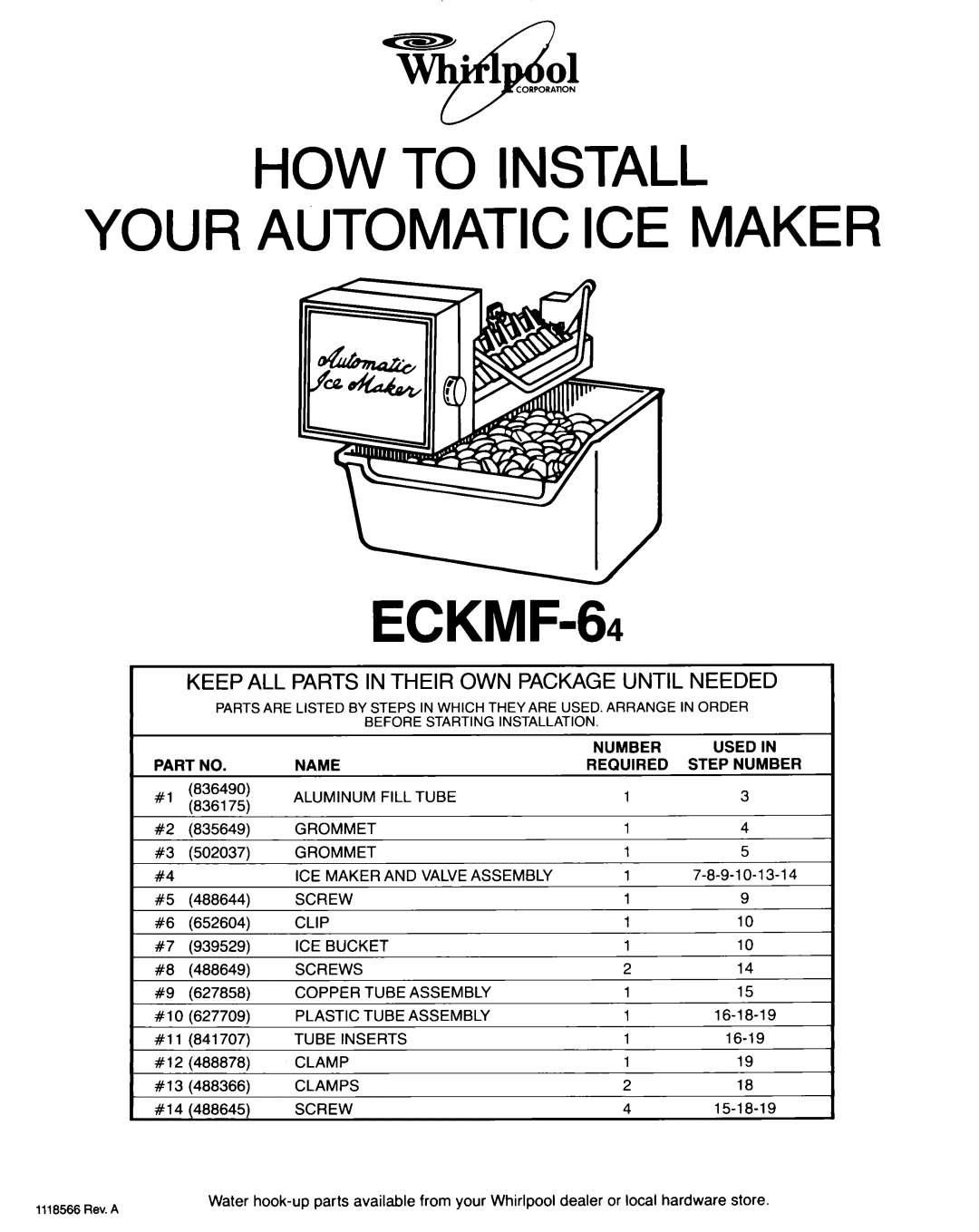 Whirlpool ECKMF-64 manual Number Used Name, Aluminum Fill Tube, Grommet ICE Maker Valve Assembly, Clip, Screws 