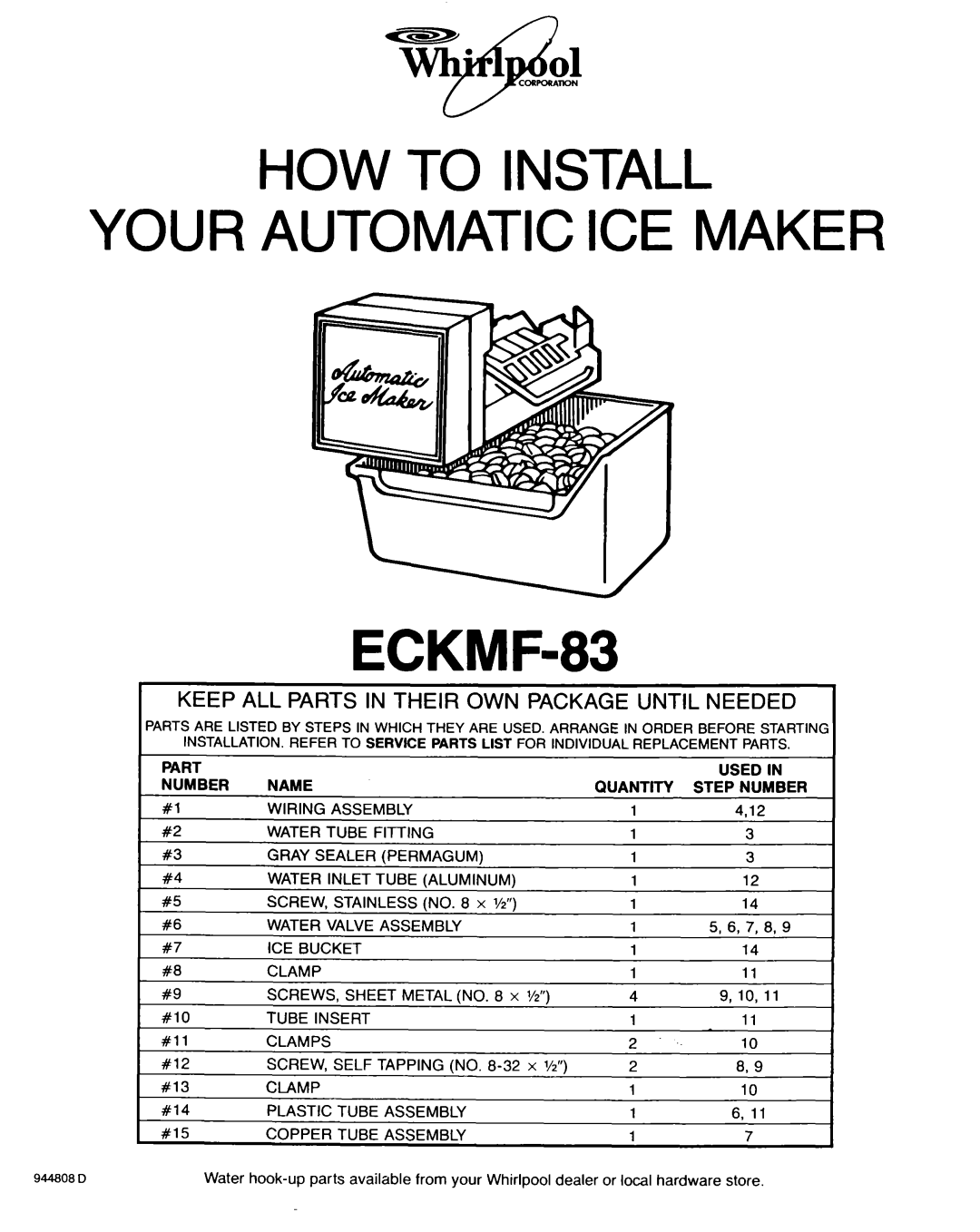 Whirlpool ECKMF-83 manual Part Used Number Name, Permagum Water Inlet Tube, Stainless Water, Tube Insert, Self Tapping no 