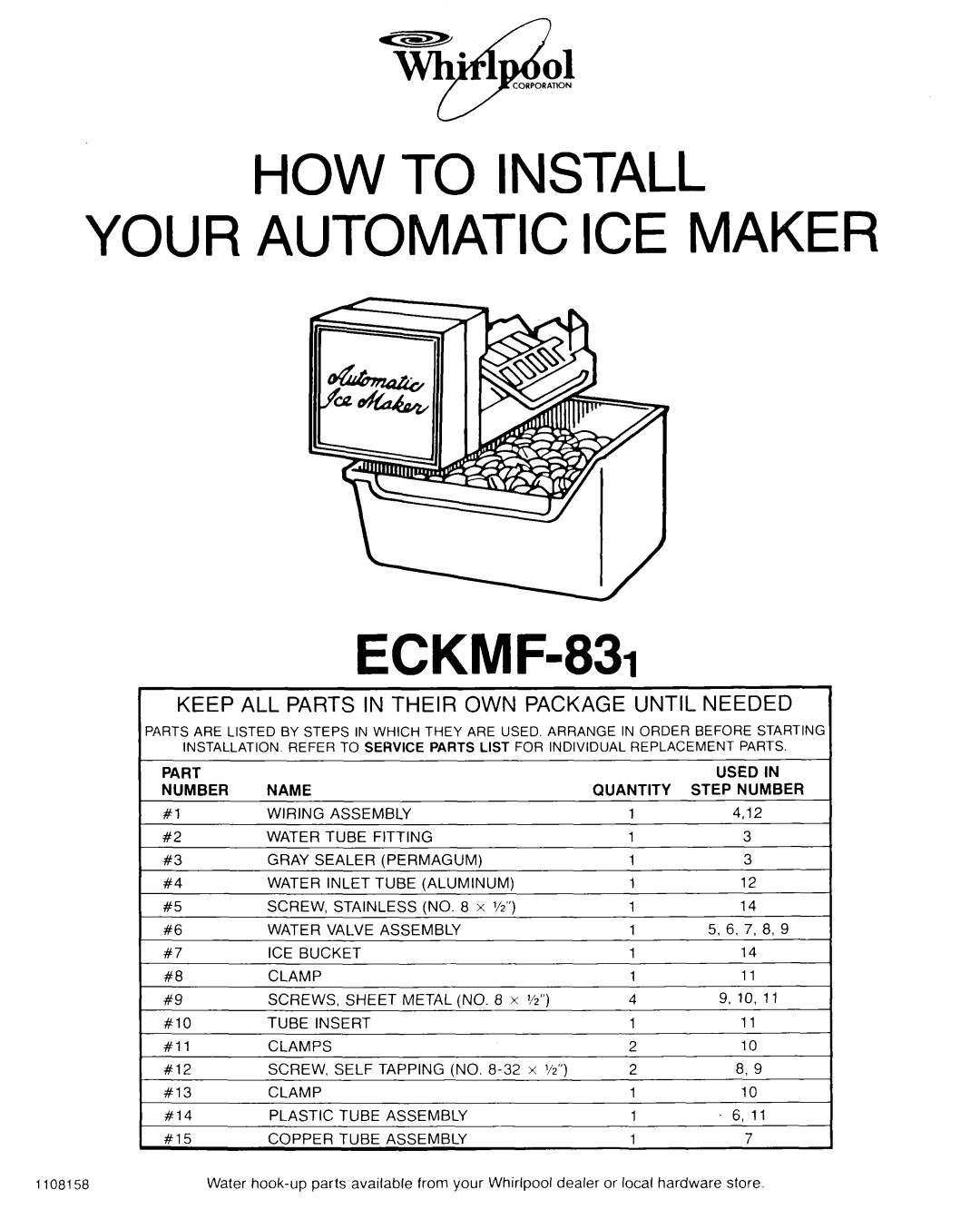 Whirlpool ECKMF-831 manual Part Used Number Name Quantity, Wiring Assembly Water Tube Fitting, Permagum Water Inlet Tube 